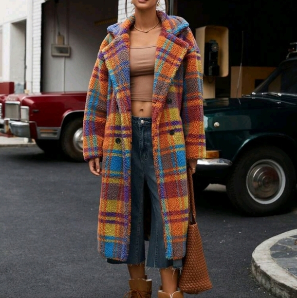 Casual American Style Random Rainbow Striped Sherpa Lined PocketsOuterwear